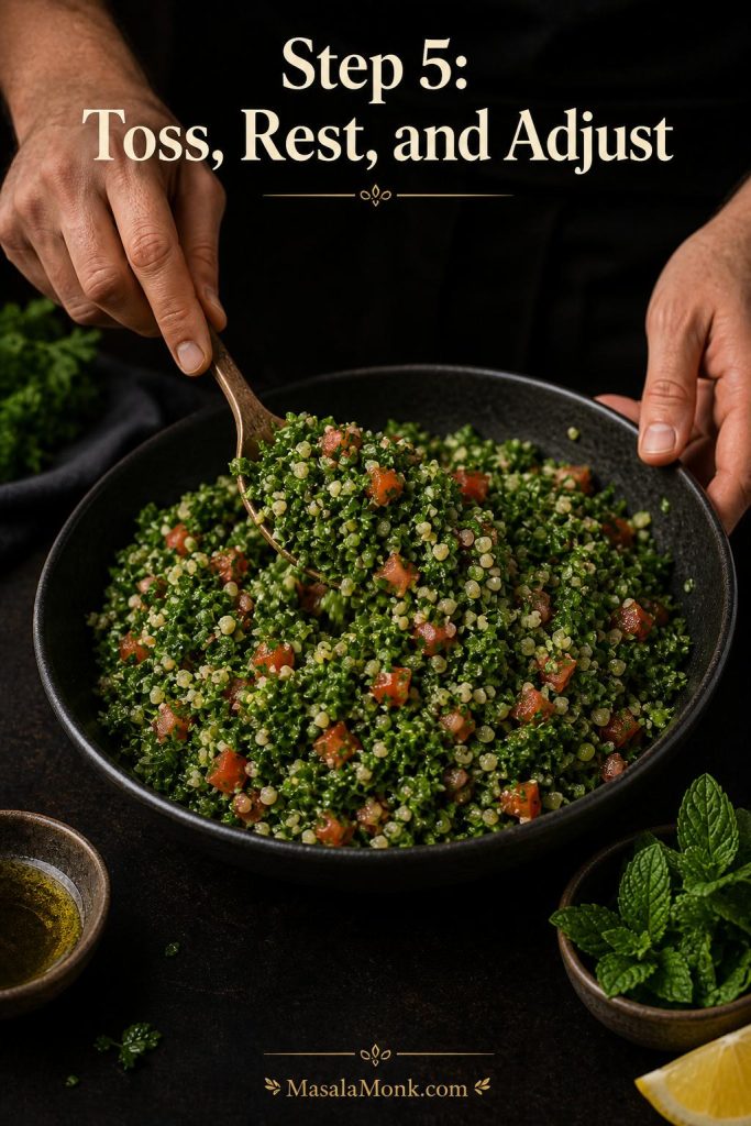 Hands gently tossing parsley-heavy tabbouleh with a spoon in a dark bowl.