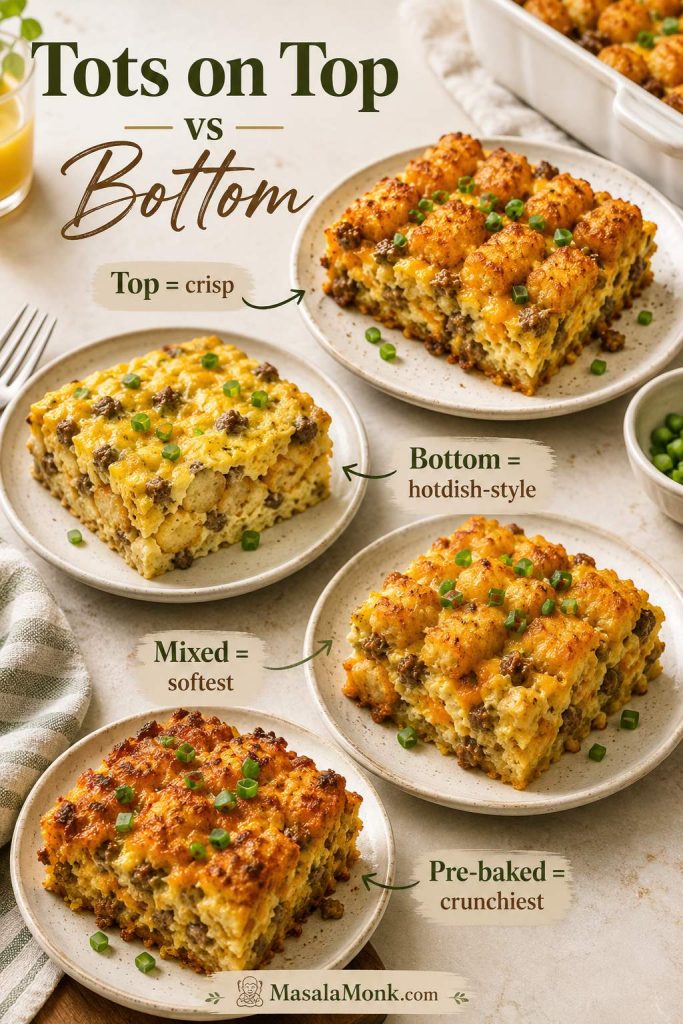 Comparison of tater tots on top, on the bottom, mixed in, and pre-baked for tater tot breakfast casserole texture.