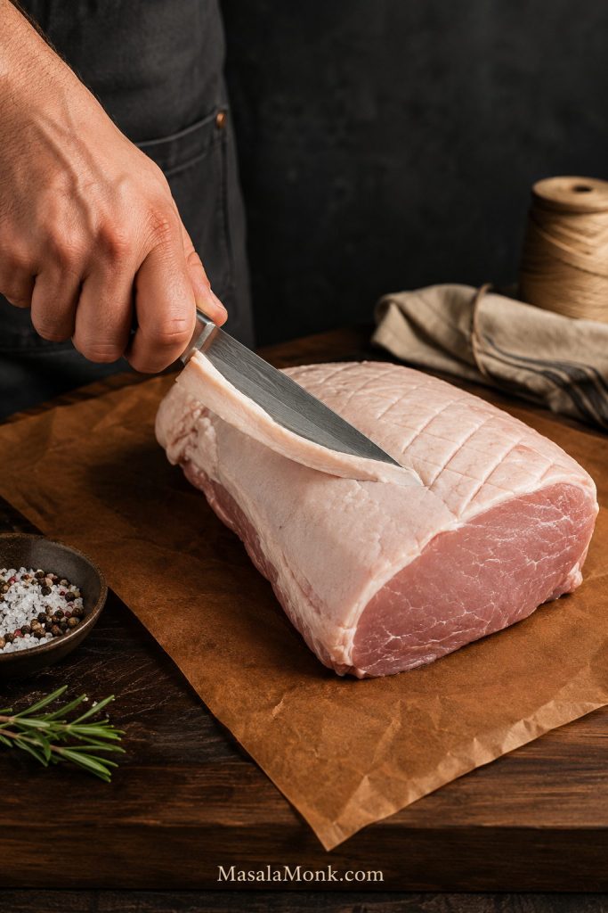 Hand trimming and lightly scoring the fat cap on a raw pork loin before smoking