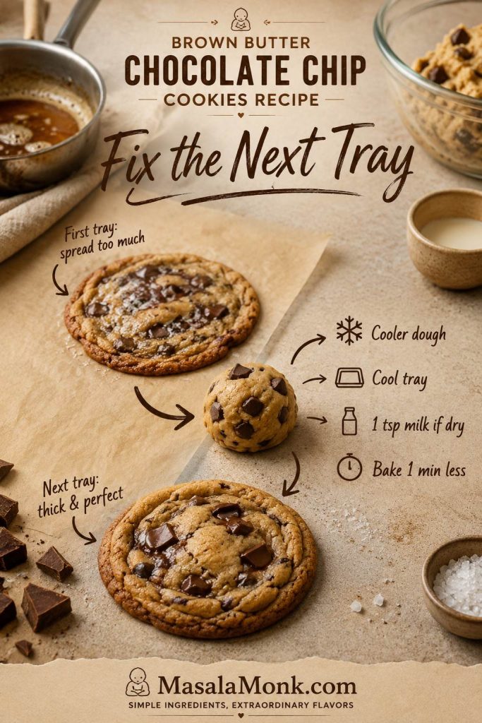 Troubleshooting guide showing a spread cookie, adjusted chilled dough, and a better next tray for brown butter chocolate chip cookies.