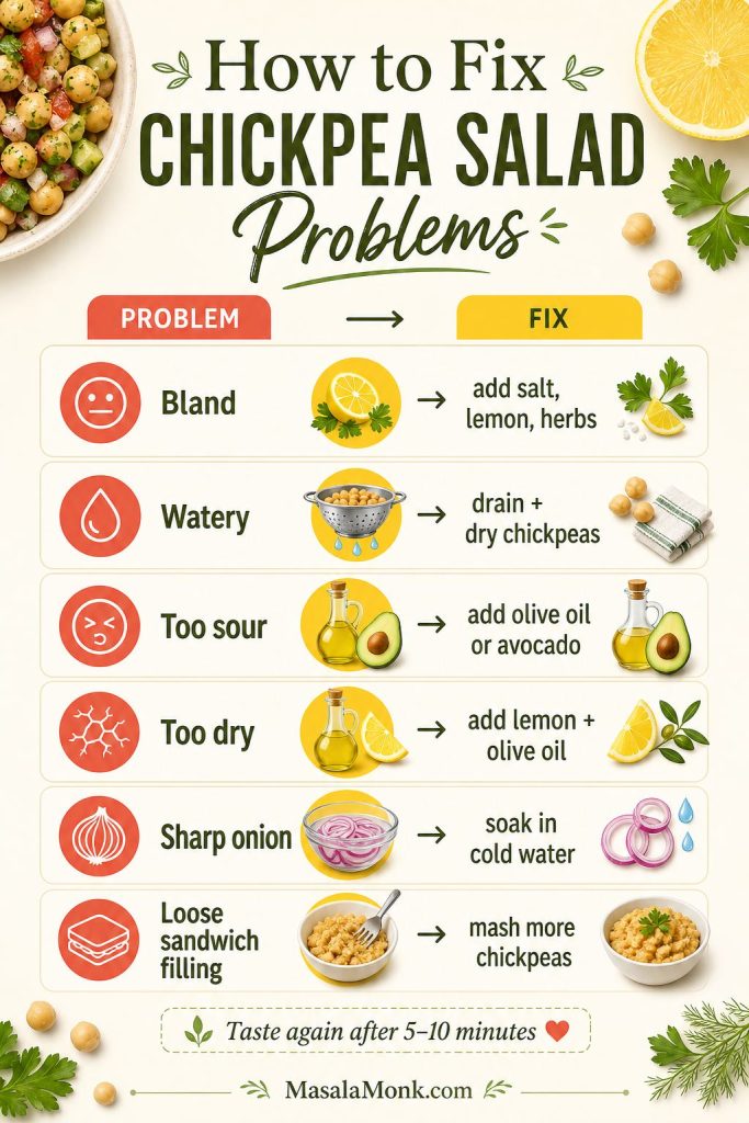 Troubleshooting guide for chickpea salad showing common problems such as bland, watery, too sour, too dry, sharp onion, and loose sandwich filling with quick fixes.