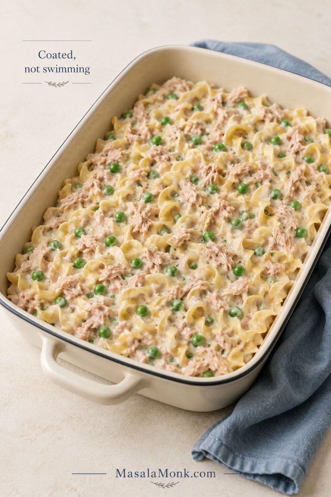 Unbaked tuna noodle casserole mixture spread in a shallow dish with coated noodles, peas, tuna, and no topping yet.