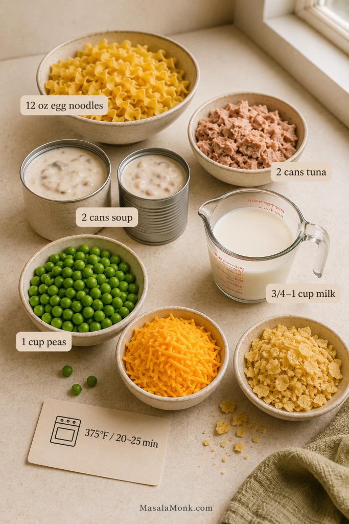 Prep board with egg noodles, tuna, cream of mushroom soup, milk, peas, cheddar, crunchy topping, and bake time for tuna noodle casserole.