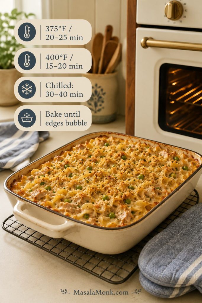 Tuna noodle casserole bake time guide with 375°F, 400°F, chilled bake times, and a bubbling-edge cue.