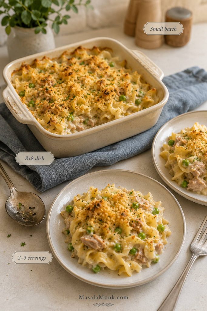 Small batch tuna noodle casserole in an 8x8 dish with two plated servings.