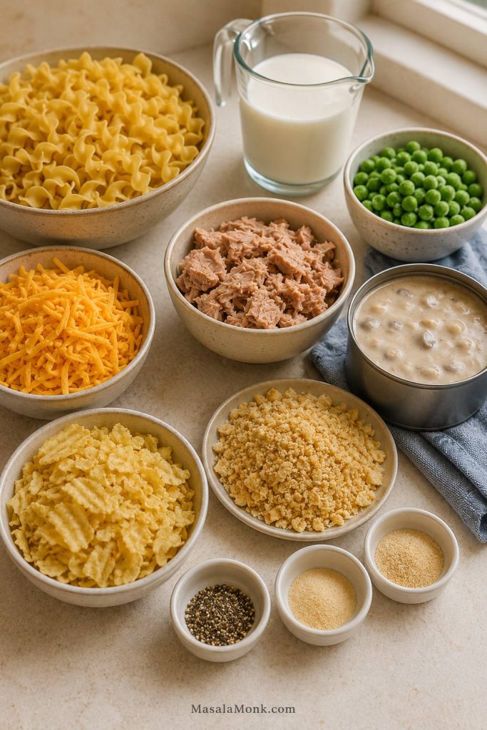 Tuna noodle casserole ingredients arranged on a counter, including egg noodles, tuna, soup, milk, peas, cheddar, seasonings, and topping.