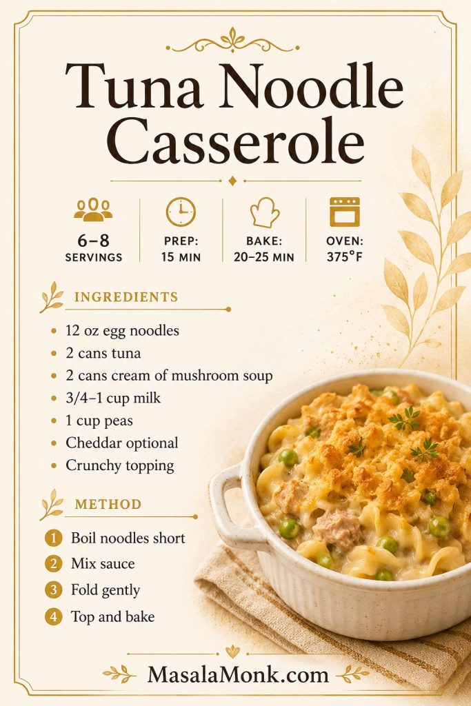 Saveable tuna noodle casserole recipe card with servings, prep time, bake time, oven temperature, ingredients, and short method.