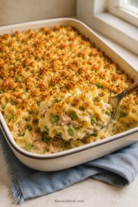 Baked tuna noodle casserole in a cream enamel dish with a spoonful lifted, showing egg noodles, peas, tuna flakes, creamy sauce, and golden topping.