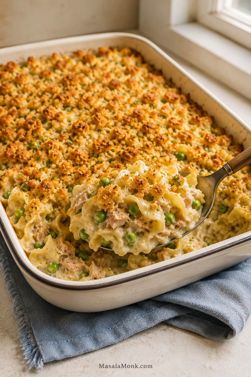 Baked tuna noodle casserole in a cream enamel dish with a spoonful lifted, showing egg noodles, peas, tuna flakes, creamy sauce, and golden topping.