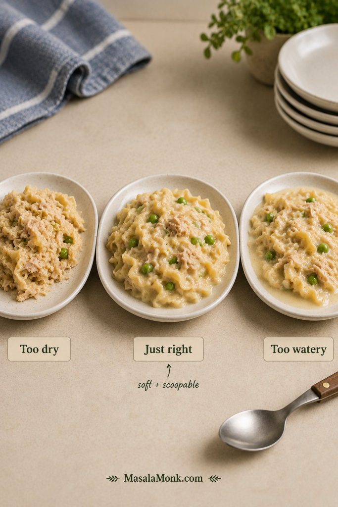 Three plates of tuna noodle casserole showing too dry, just right, and too watery textures.