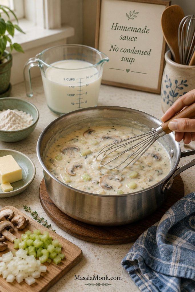 Homemade white sauce for tuna noodle casserole being whisked with mushrooms, onion, celery, milk, and broth.