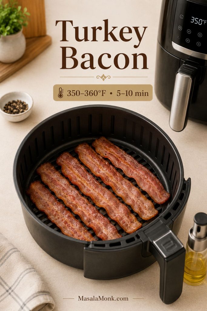 Turkey bacon strips in an air fryer basket with a 350 to 360°F and 5 to 10 minute timing cue.