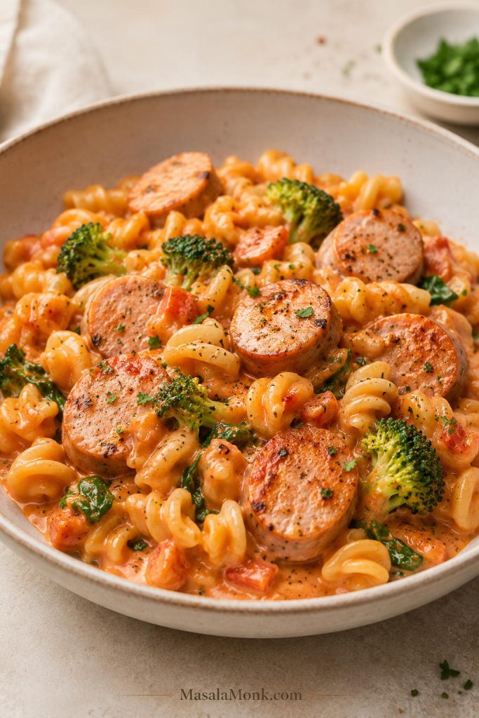 Turkey kielbasa pasta with lighter sausage slices, rotini, broccoli, greens, and a light tomato-cream sauce.
