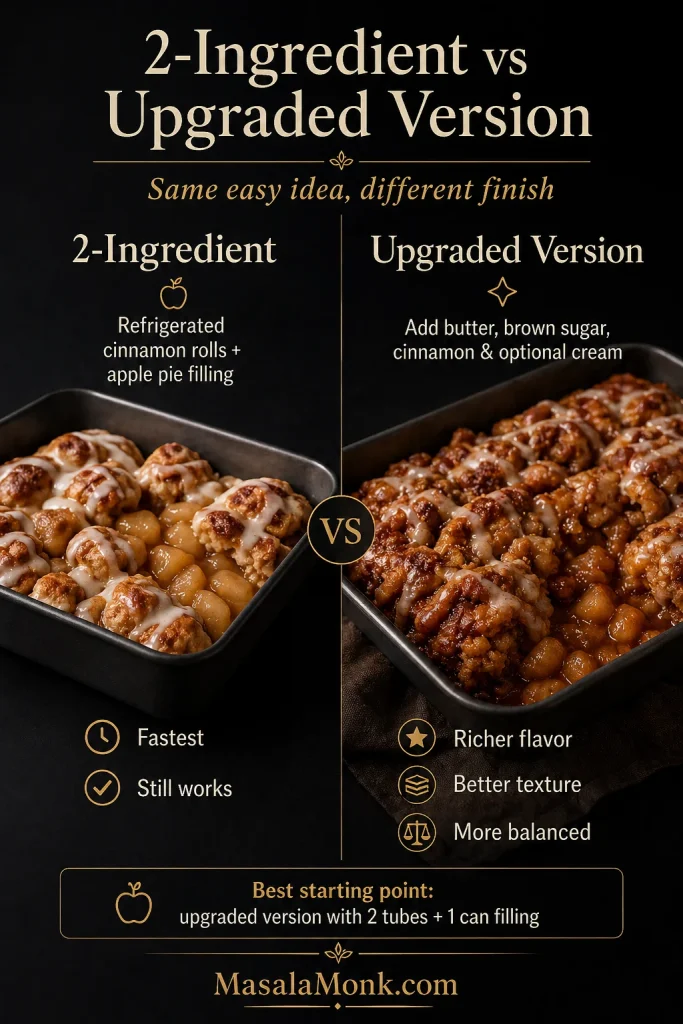 Comparison of 2-ingredient apple cinnamon roll bake and upgraded version with butter, brown sugar, cinnamon, and optional cream.
