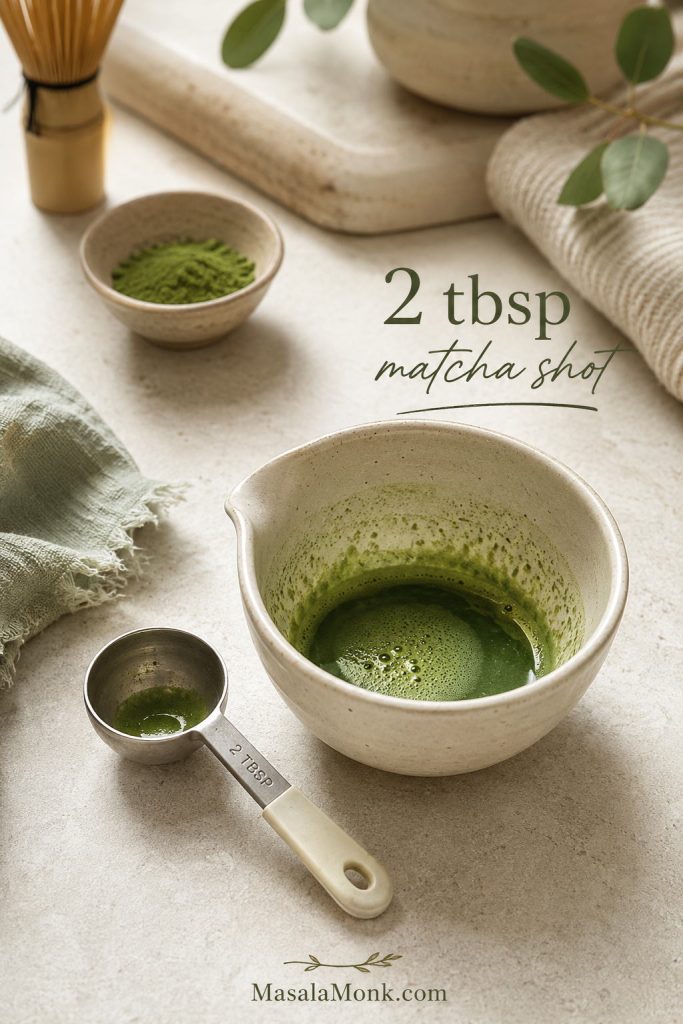 Small concentrated matcha shot in a cup with a tablespoon measure beside it