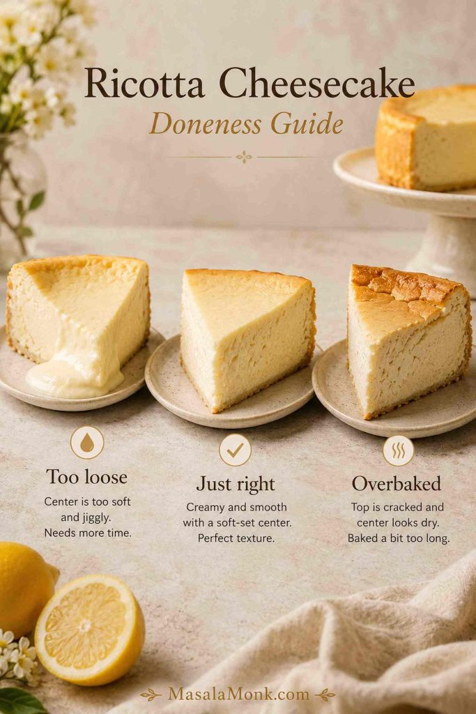 Three ricotta cheesecake slices showing too loose, just right, and overbaked textures