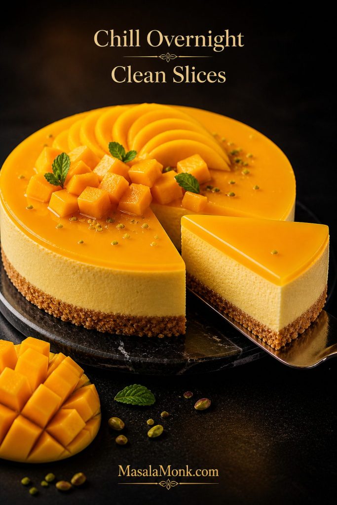 Finished mango cheesecake on a dark surface with one clean slice cut and lifted, showing defined layers and a glossy topping.