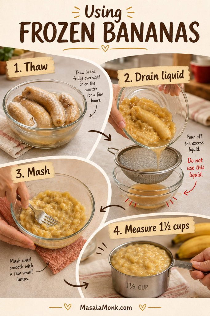 Frozen banana process guide showing thawed bananas, drained liquid, mashed banana, and 1½ cups measured for banana bread.