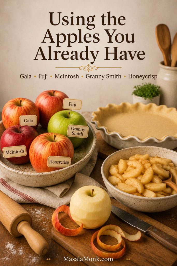A kitchen counter with Gala, Fuji, McIntosh, Granny Smith, and Honeycrisp apples beside pie crust, sliced apples, and baking tools.