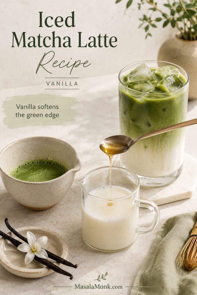 Vanilla syrup being added near an iced matcha latte and matcha bowl