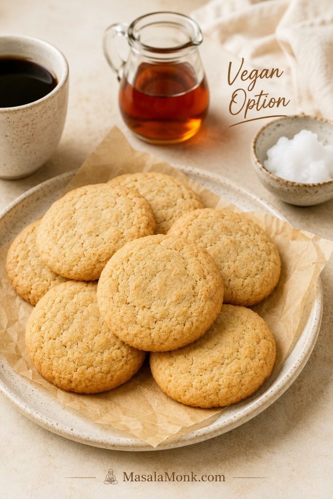 Vegan almond flour cookies served with maple syrup, coconut oil, and black coffee.