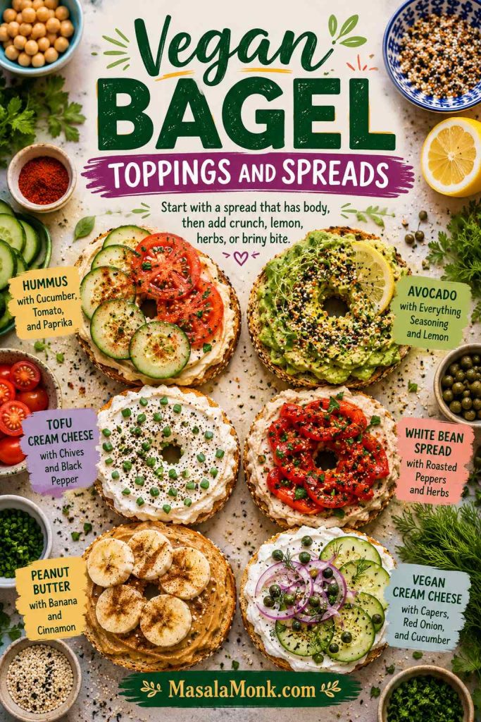 Vegan bagel toppings including hummus cucumber, avocado, tofu cream cheese, white bean spread, peanut butter banana, and vegan cream cheese.