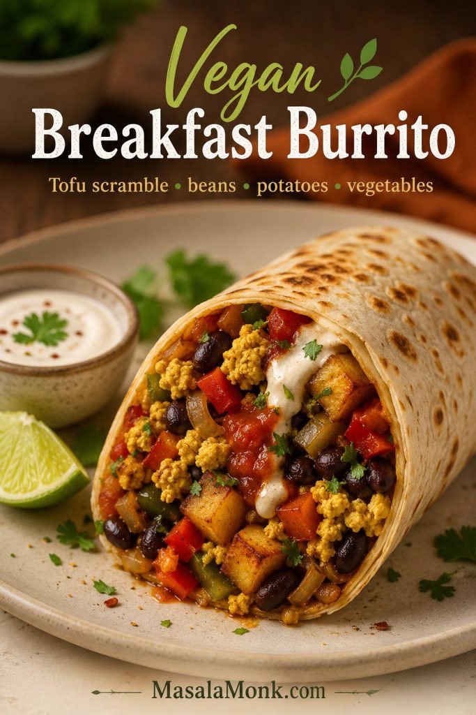 Vegan breakfast burrito with tofu scramble, beans, potatoes, salsa, and vegetables