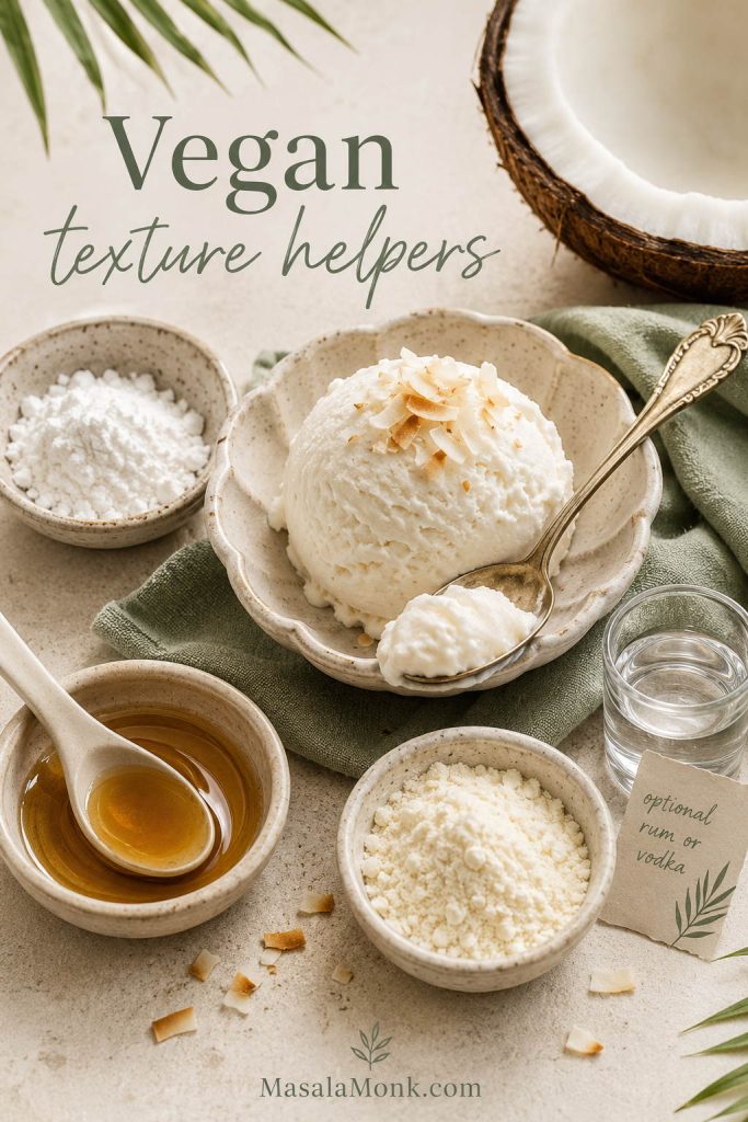 Vegan coconut ice cream texture helpers including starch, syrup, coconut milk powder, and a small optional alcohol cue around a spoonful of ice cream.