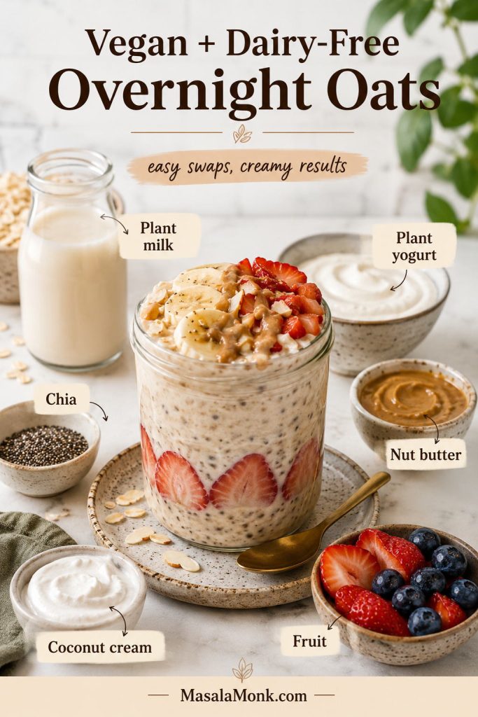 Vegan and dairy-free overnight oats with plant milk, plant yogurt, chia seeds, nut butter, coconut cream, and fruit.