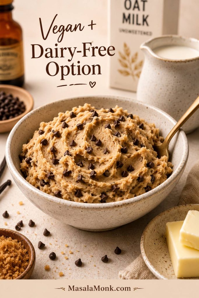 Vegan edible cookie dough in a bowl with dairy-free milk and chocolate chips shown nearby.