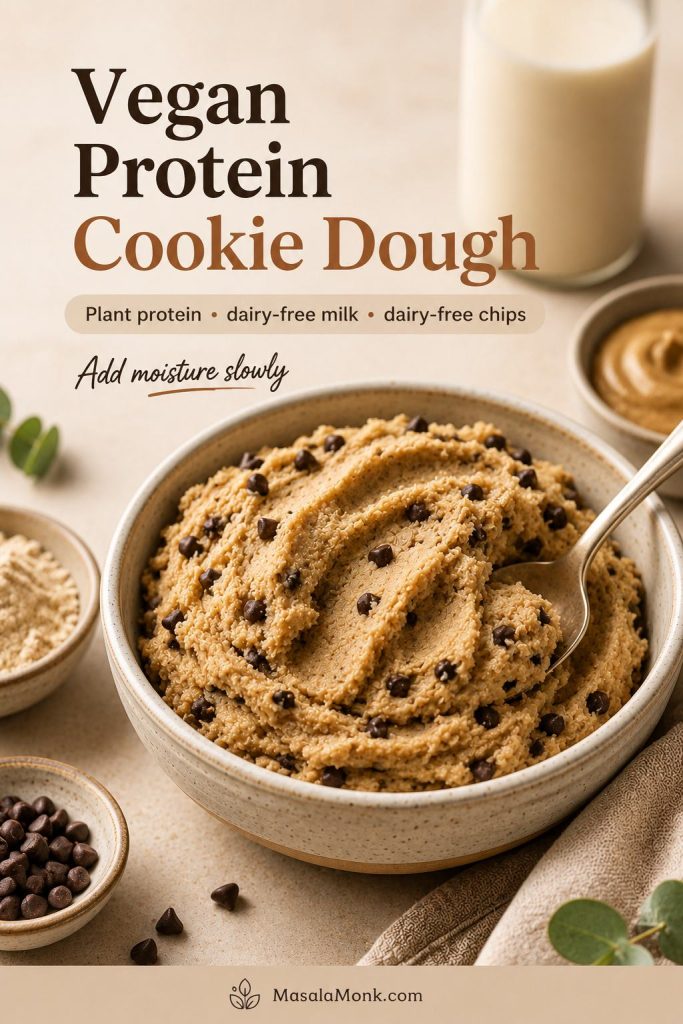 Vegan protein cookie dough with plant protein powder, dairy-free milk, nut butter, and dairy-free chocolate chips