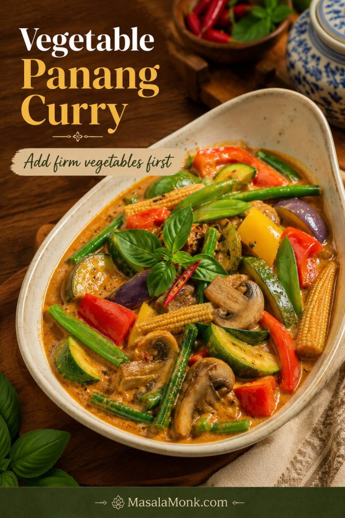 Vegetable Panang curry with green beans, bell pepper, mushrooms, baby corn, zucchini, eggplant, snap peas, and basil in coconut curry sauce.
