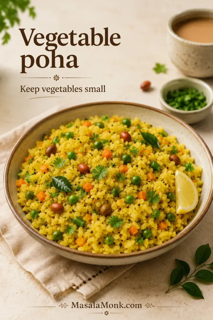 Vegetable poha with peas, small carrot pieces, peanuts, curry leaves, coriander, lemon, and green chilli.