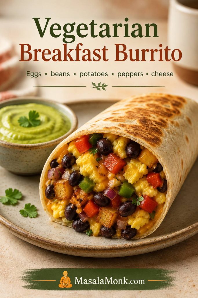 Vegetarian breakfast burrito cut open with eggs, beans, potatoes, peppers, onions, and cheese