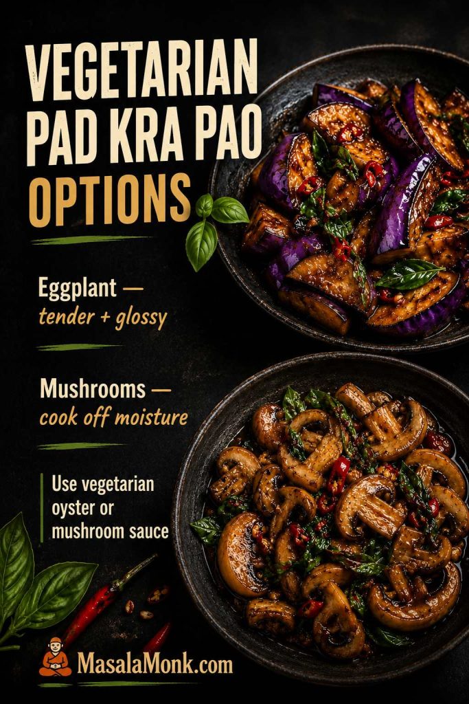 Vegetarian Pad Kra Pao options board with glossy eggplant bowl and browned mushroom bowl with basil and red chilies.