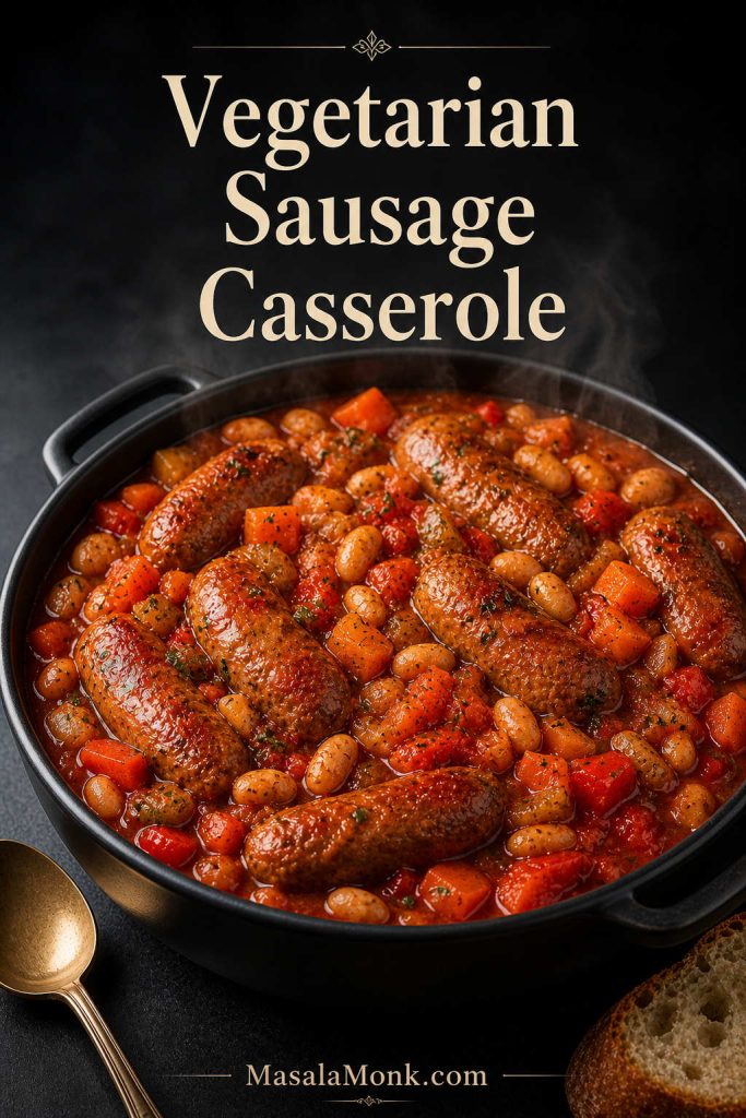 Vegetarian slow cooker sausage casserole with meat-free sausages, beans, carrots and thick tomato gravy.