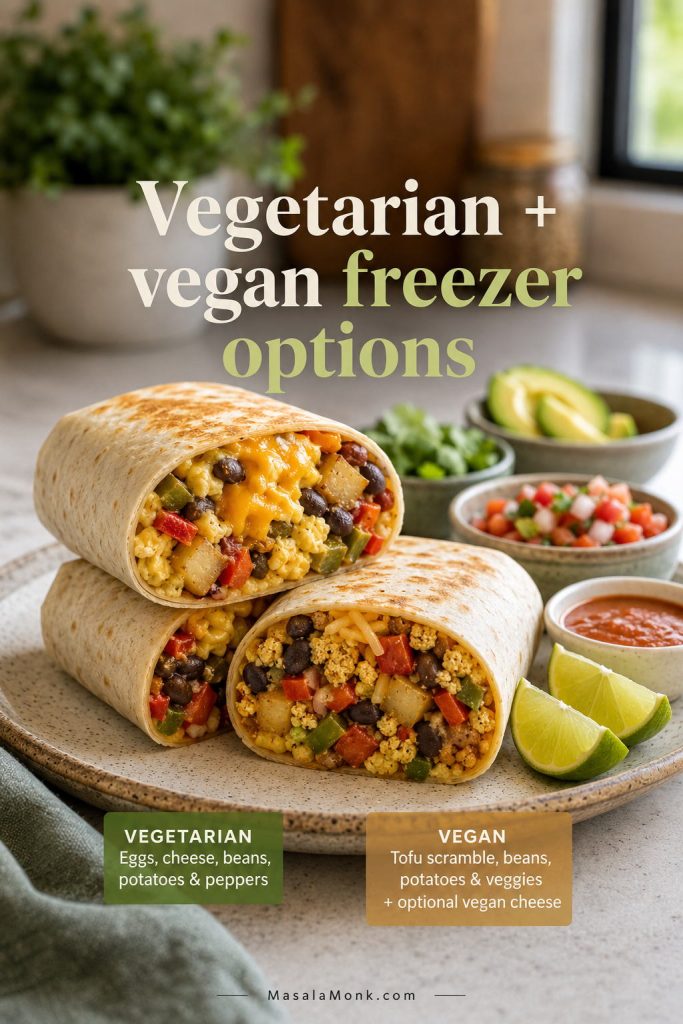 Vegetarian and vegan freezer breakfast burritos with eggs, tofu scramble, beans, potatoes, peppers, avocado, salsa, lime, and cilantro.