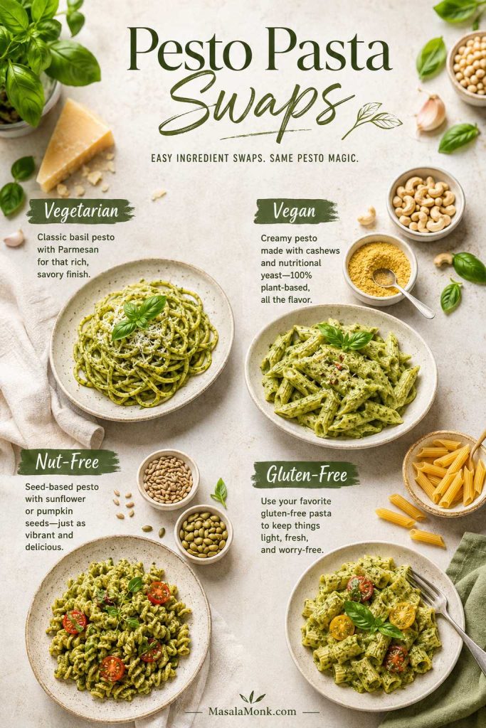 Pesto pasta swap guide showing vegetarian, vegan, nut-free and gluten-free versions with different ingredients