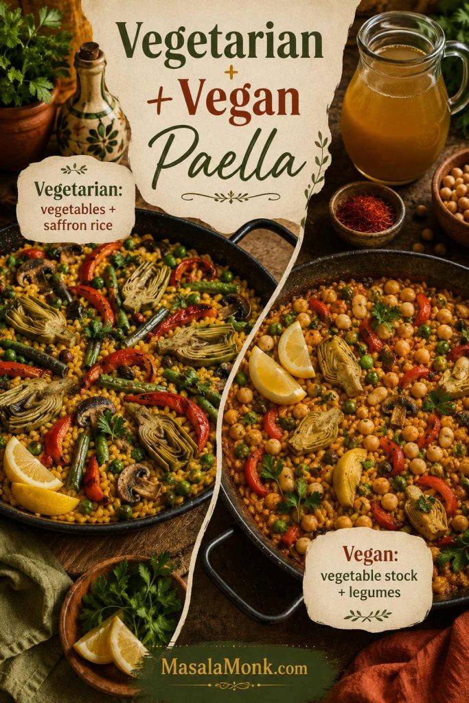 Vegetarian and vegan paella variations with saffron rice, artichokes, mushrooms, peppers, peas, chickpeas, herbs, lemon, and vegetable stock.
