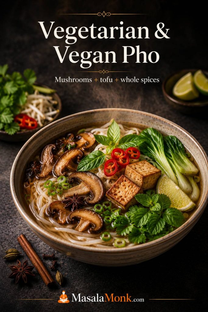 Vegetarian and vegan pho bowl with mushrooms, tofu, bok choy, rice noodles, herbs, lime, chili, and aromatic broth.