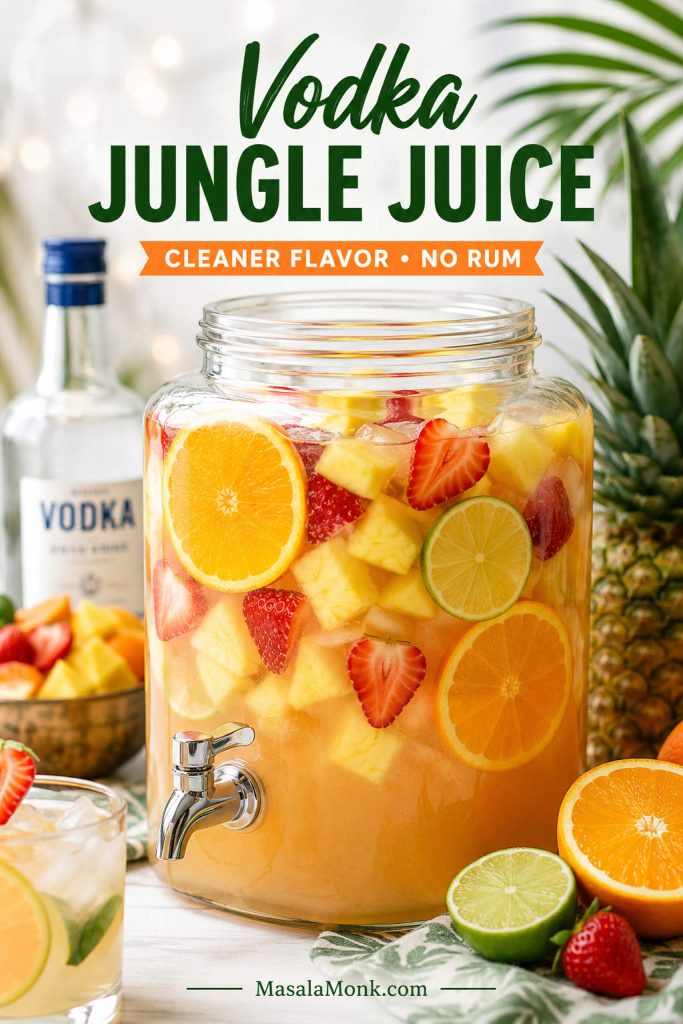 Vodka jungle juice variation in a clear dispenser with citrus, pineapple, strawberries, ice, and a generic vodka bottle nearby.