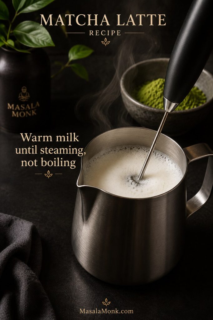 Milk being warmed and frothed in a metal pitcher for a hot matcha latte.