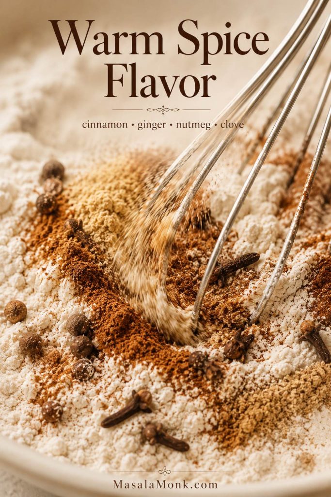 Warm spices including cinnamon, ginger, nutmeg, and clove being whisked into flour for applesauce cake.