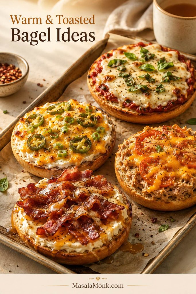 Warm toasted bagel ideas with pizza bagels, jalapeño popper bagels, tuna melt bagels, and maple bacon breakfast bagels.