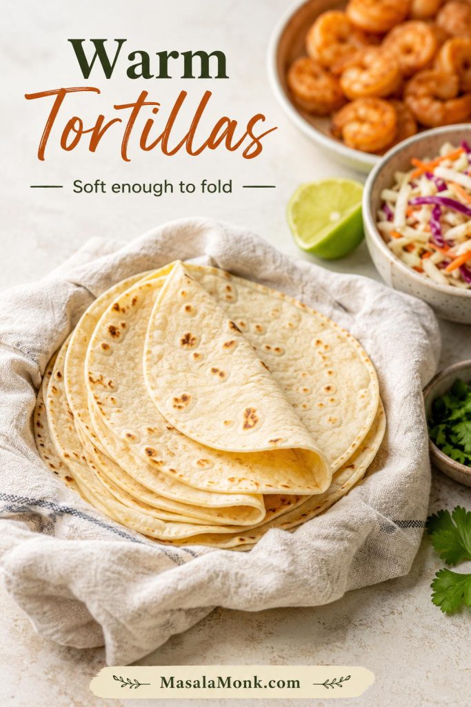 Warm tortillas folded in a towel with shrimp taco fillings nearby
