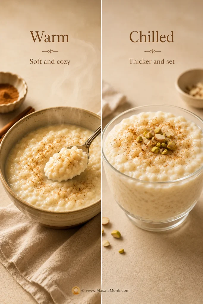 Warm rice pudding in a bowl compared with chilled rice pudding in a glass cup.