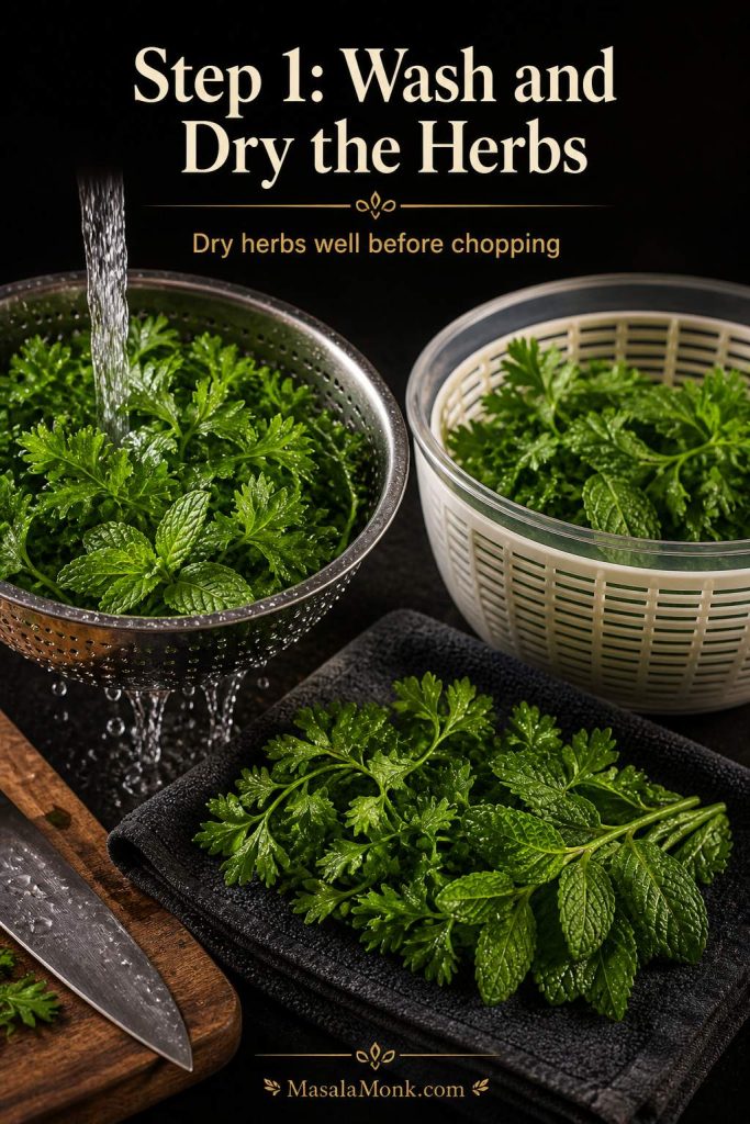 Fresh parsley and mint being washed, drained, and dried on a towel and in a salad spinner before making tabbouleh.