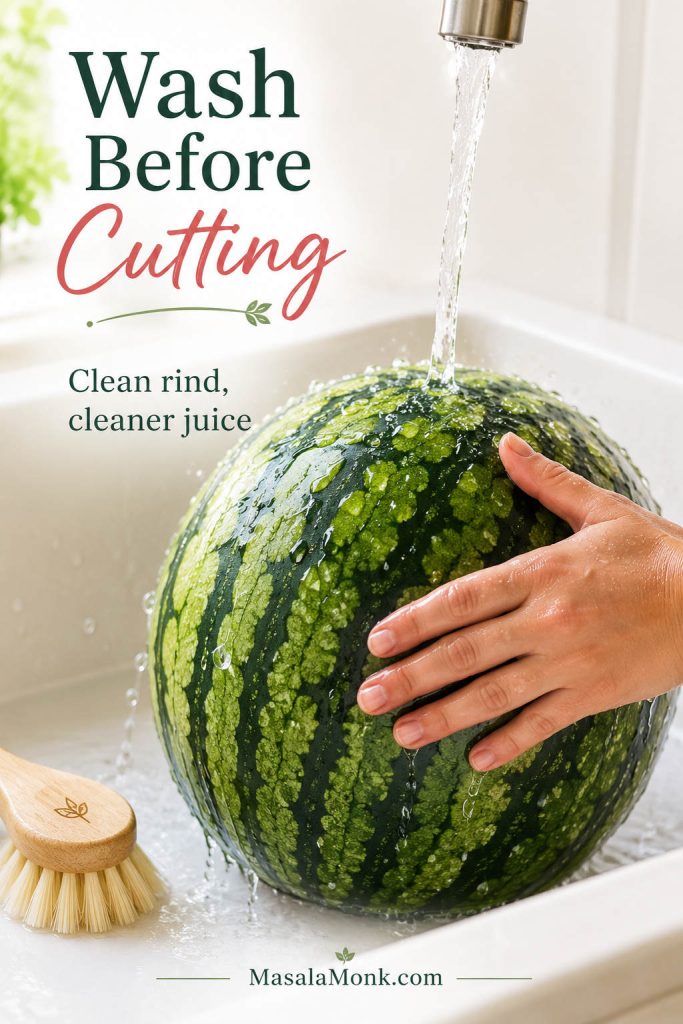 Whole watermelon being washed under running water before cutting for fresh juice.