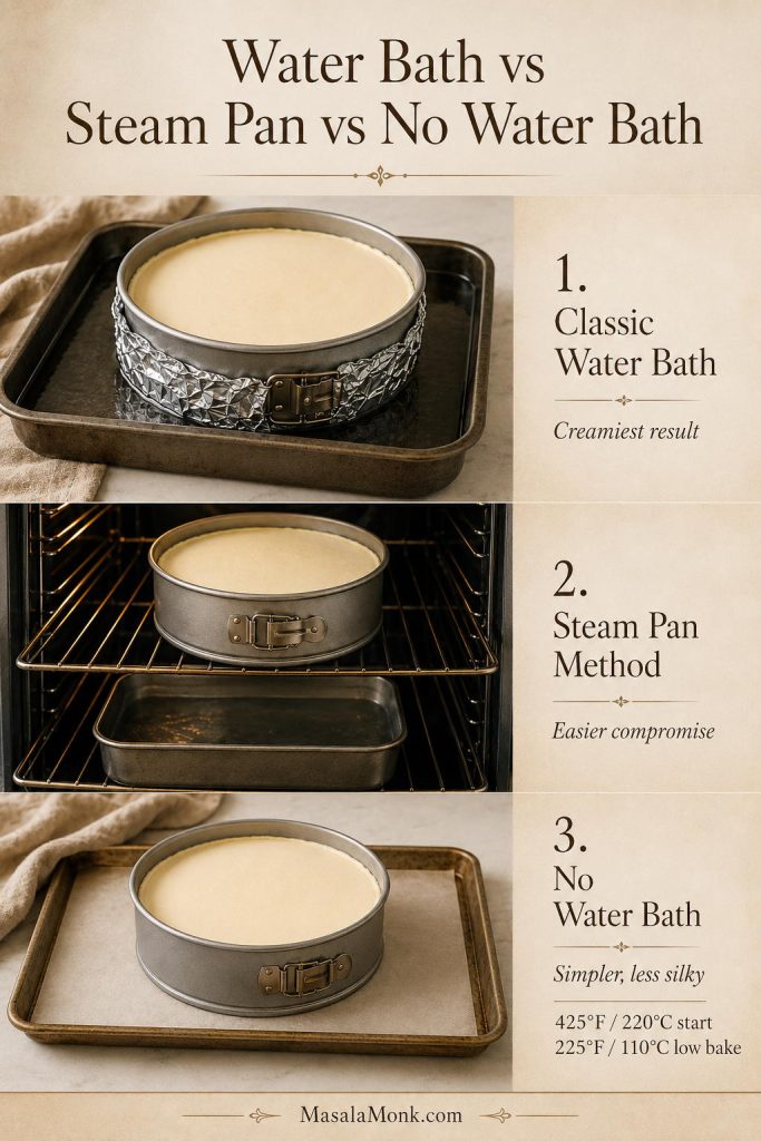 Comparison of water bath, steam pan, and no-water-bath methods for baking New York cheesecake.