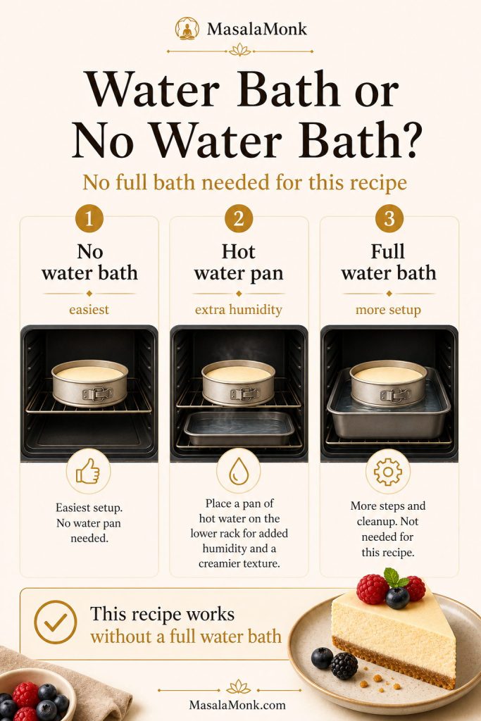 Water bath comparison for keto cheesecake showing no water bath, hot water pan, and full water bath baking setups.